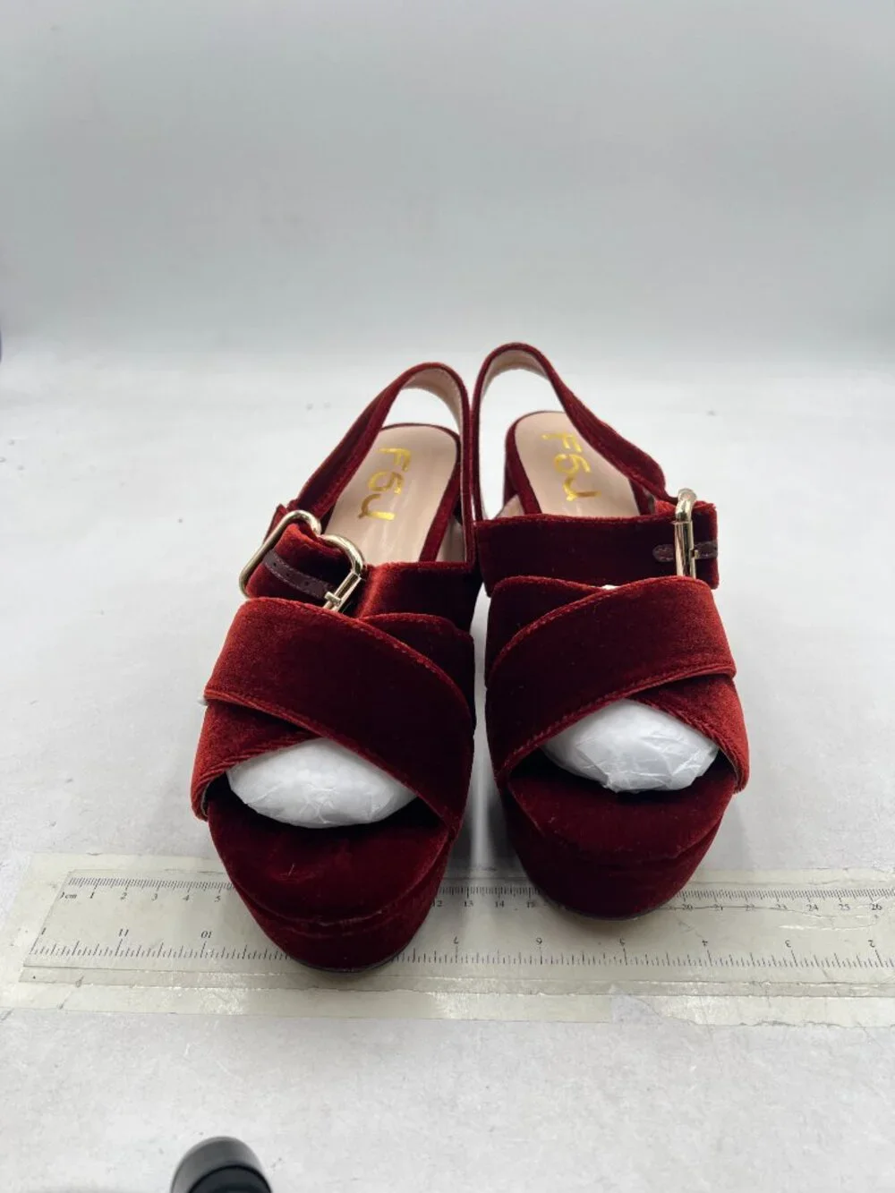 FSJ Brown/Red Peep Toe Chunky High Heels Platform Ankle Strap Velvet Sandals